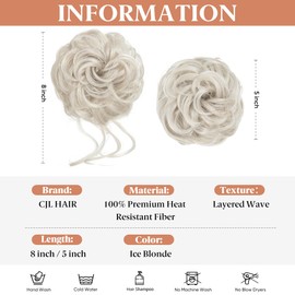 CJL HAIR 2PCS Messy Bun Hair Pieces Wavy Curly Synthetic Updo Chignon Fake Scrunchies Ponytail Extension for Women Ice Blonde