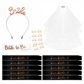 Hen Party Accessories Set of 15, Bride to Be Sash and Veil Tiara Team Bride Sash Tattoos - Wedding Bride Sash and Tiara Veil Hen Do Accessories for Bridal Shower Hen Party Decorations White + Black