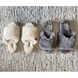 Dearfoams womens Fireside Genuine Shearling Slide With Metallic Suede Trim Slipper, Natural, 9 US