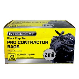 Steelcoat Pro Contractor Flap Tie Trash Bags, 42-gallon, 22-ct, 2 mil, Black