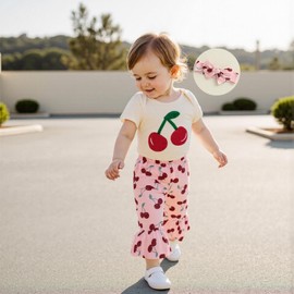 LESOBABE Baby Girl Summer Outfits Cherry/Strawberry Print Short Sleeve Romper Flare Pants and Bow Headband Set (Cherry, 9-12 Months)