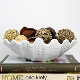 Clam Shell Dish White Ceramic Textured Display Coastal Nautical Decorative Bowl