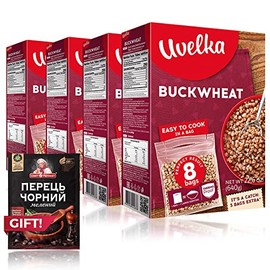 Uvelka Kasha Buckwheat BOIL-IN-BAG 8 Bags 80 Gr (22.57 Oz) - Pack of 4, Product of Russia + Paprika Red Dried for Free
