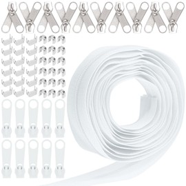 Keadic 81Pcs #5 Nylon Zipper Tape Set with 10 Yard Nylon Coil Zippers, 20 Metal Zipper Slider, 20 Bottom Stops, 40 Top Stop for DIY Sewing Tailor Bag Purse Luggage Sofa Crafts Supplies (White)