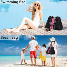 IBFUN Neoprene Bag, Large Multipurpose Beach Bag Neoprene Tote Bag with Inner Pocket for Women/Pool(Black Pink)