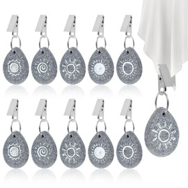 Weysoo Pack of 10 Tablecloth Weights for Outdoor Use, Tablecloth Weights Made of Natural Stone with Clip, Tablecloth Holder Weights Tablecloth with 5 Sun Patterns for Party, Picnic, Weddings (Sunburst