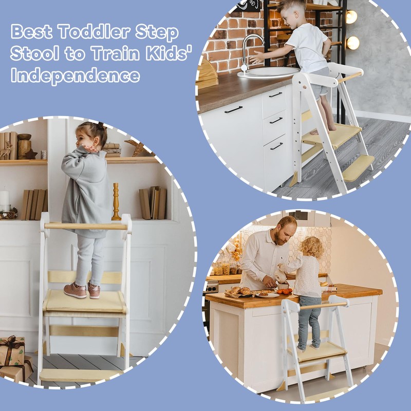 Foldable Toddler Kitchen Tower with Safety Rail, 3-Level Height Adjustable