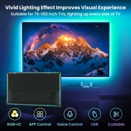 26.25ft LED Lights for 75-100 Inch TV, RGB+IC TV Lights Backlight Strip Behind, with 44 Scene Modes, Bluetooth APP and Voice Control, Music Sync Smart Ambient Lighting for Gaming, Bedroom, Living Room