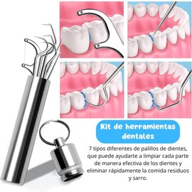Set 8 Herramientas Para Cuidado Dental Limpieza Estuche Mondadientes de Metal Juego de Bolsillo 8 pz de Dientes Reutilizables Juego de Cepillos de Hilo Dental de Viaje Palillos Dentales de Acero Inoxidable para Camping