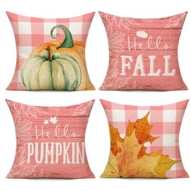 VAKADO Pink Fall Decorative Throw Pillow Covers Pumpkin Decor 16x16 Set of 4 Buffalo Plaid Outdoor Farmhouse Autumn Thanksgiving Cushion Cases for Home Decorations Couch Sofa Bed