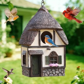 Casitas para pájaros para exteriores, casitas para pájaros con techo de paja – Casitas de resina pintadas a mano para exteriores para pájaros azules, pinzones, cardenales y aves que anidan