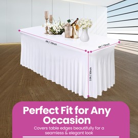WedDecor White Table Cloth Skirt, 6ft x 2.5ft Pleated Rectangle Spandex Tablecloth Cover For Wedding, Dining, Birthday Party, Baby Shower, Restaurant, Banquet, and Special Events Table Decoration