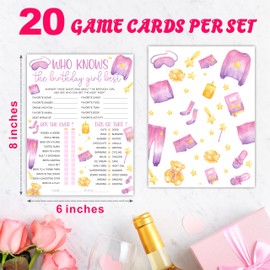 6"X8" Who Knows The Birthday Girl Best - Watercolor Girl's Slumber Party - Funny Double-Sided 3-in-1 Game Card Set For Girls Birthday Party, Sleepover Party Activities, Favor & Supplies (20 Pcs)- A06