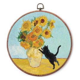 10" Retro Floral Framed Canvas Wall Art - Cat & Sunflowers Round Wall Hanging Prints For Bedroom Living Room Office - Farmhouse Hanging Artwork Decorations & Gifts Supplies - A06