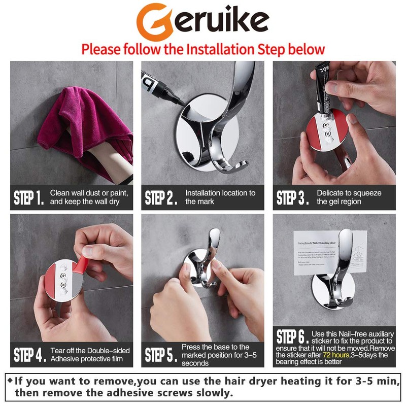 GERUIKE Adhesive Coat Hooks Stainless Steel Self Adhesive Robe Towel