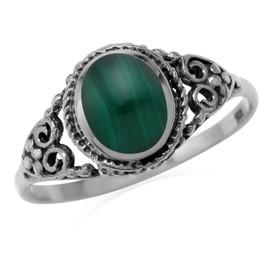 Silvershake 8X6mm Created Oval Shape Green Malachite Inlay 925 Sterling Silver Filigree Victorian Style Ring Gemstone Jewelry Size 8