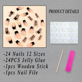 ROFIBUT Black French Tip Press on Nails Medium Square Fake Nails with Rhinestones Design 3D Bow Charms Glue on Nails Glossy Black Ballet Lines Stick on Nails Reusable Artificial Nails for Women 24Pcs