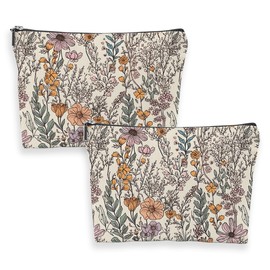 2 Pcs Vintage Wildflowers Makeup Bag Floral Garden Flower Cosmetic Bag, Botanical Travel Organizer Zipper Pouch for Women Friend Coworker Sister Thanksgiving Christmas Birthday Friendship Gifts