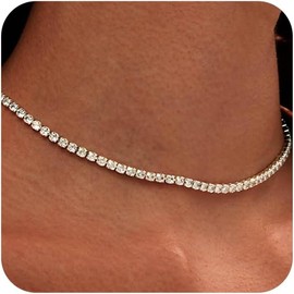 Tennis Necklace for Women 14K Gold Plated or Silver Rhinestone Choker Necklaces Dainty Zirconia Cut Faux Diamond chain 3mm girlfriend  chain - Color: Silver-Set
