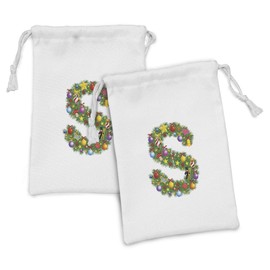 Ambesonne Letter S Fabric Pouch Set of 2, Pine Design Letter S Christmas Ornaments Colorful Balls Stars Multicolored Pattern, Small Drawstring Bag for Toiletries Masks and Favors, 9" x 6", Multicolor
