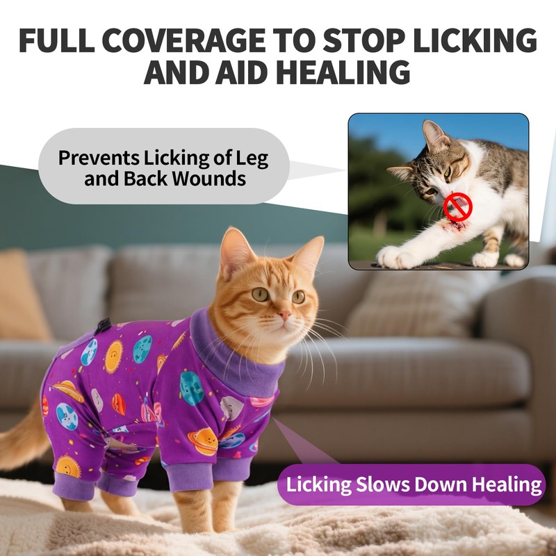OUOBOB Sticky Hair Cat Clothes, Anti-Shedding Cat Pajamas, Purple S
