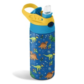 12oz Dinosaur Astronaut Kids Water Bottle, Space Dino Water Bottle for School, Kids Insulated Bottles with Straw & Handle, Leak-Proof, BPA-free, Straw Lid, Stainless Steel for Travel Gift Cup for Boy