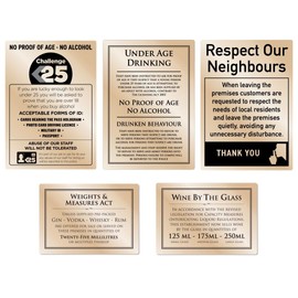 Essential Bar Licensing Sign Brushed Gold Signs - Pack 5 Pcs 25ml Pub Restaurant Gold - Challenge 25 Sign - Spirit Measures 25ml Sign - Leave the Premises Quietly Sign - No Proof of Age No Alcohol