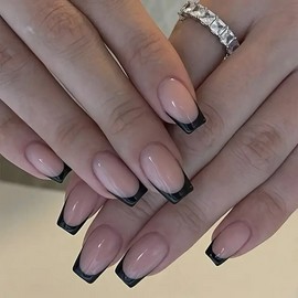 24pcs Glossy Medium Square Fake Nails, Black French Tip Press On Nails