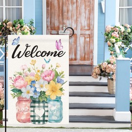 Welcome Spring Garden Flag 12x18 Inch Double Sided Floral Mason Jar Garden Flag for Outside Summer Festive Holiday Yard Outdoor Decorative Burlap Yard Flag