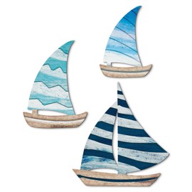Putuo Decor 3 Pcs Wooden Sailboat Wall Decor Beach Nautical Coastal Sailboat Wall Sculpture Wood School of Sailboat Wall Art Hanging Sailboat Lake House Ocean Decor Vintage Ornaments for Home Bathroom