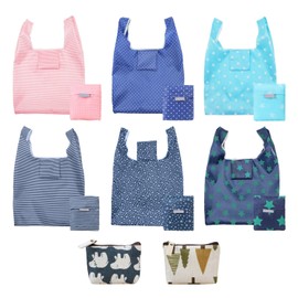 DHSBGWSX 6 Pack Foldable Shopping Bags and 2 Pieces Coin Purses, Reusable Shopping Bags, Shopping Bags for Takeout, Easy to Store Shopping Bags, multicoloured