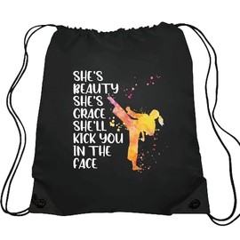 Haizct She's Beauty She's Grace She'll Kick You Taekwondo Drawstring Backpacks, Unisex Drawstring Karate Bags for Gym Shopping Sport, Taekwondo Gifts for Women Taekwondo Lover, Taekwondo Bags