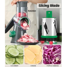 Ourokhome Rotary Cheese Grater Hand Crank, Kitchen Shredder Speed Mandolin Slicer Nuts Grinder with Handle and Drum Blades for Cheese, Vegetable, Walnuts, Chocolate, Potato, Carrot, 3 Blades, Gray