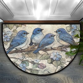 Pardick Vintage Blue Bird Branch Half Round Door Mat, Cute Animal Non-Slip Half Circle Area Rug Doormat Absorbent Half Moon Rug for Indoor Outdoor Kitchen Bedroom Home Decor