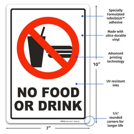 Brimar - 7" x 10" - No Food or Drink Sign - 3.5 Mil Peel and Stick Vinyl Label - Bold Text - Easy Installation
