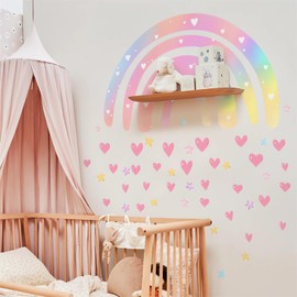 Pink Rainbow Love Heart Stars Wall Sticker Wall Stickers, sacinora Large Dazzle Art DIY Wall Decals Removable Vinyl Peel and Stick for Kids Baby Nursery Bedroom Playroom Kindergarten Home Decorations