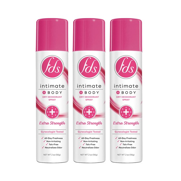 FDS Intimate Deodorant Spray, Extra Strength, 2 oz (Pack of 3) Feminine Spray for All Day Freshness & Odor Protection; pH-balanced, Talc-Free, Gynecologist Tested