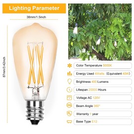 FANNIS E12 Base,6-Pack ST38 LED Light Bulbs Replacement Clear Bulbs String Light Bulbs 4 Watts Equivalent 40W Incandescent Bulbs 2200K Amber Glass for Indoor Outdoor Patio Lights