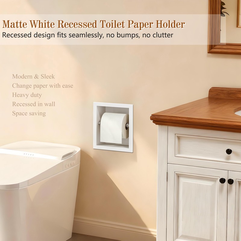 White Recessed Toilet Paper Holder,for Standard/Mega Roll