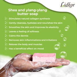 LIDKOR Feuchtigkeitsspendende Seife mit Karité & Ylang-Ylang 100g - Anti Aging & Hydratisiert Hautpflege mit Olivenöl - Handgemachte Naturseife als Festes Duschgel - Vegan Körperseife und Handseife