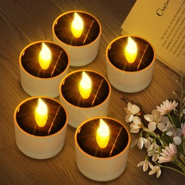VOOKRY 6 piezas de luces solares de té para exteriores - Luces solares de velas parpadeantes sin llama, iluminación de atardecer a amanecer, velas LED impermeables recargables para linterna, jardín