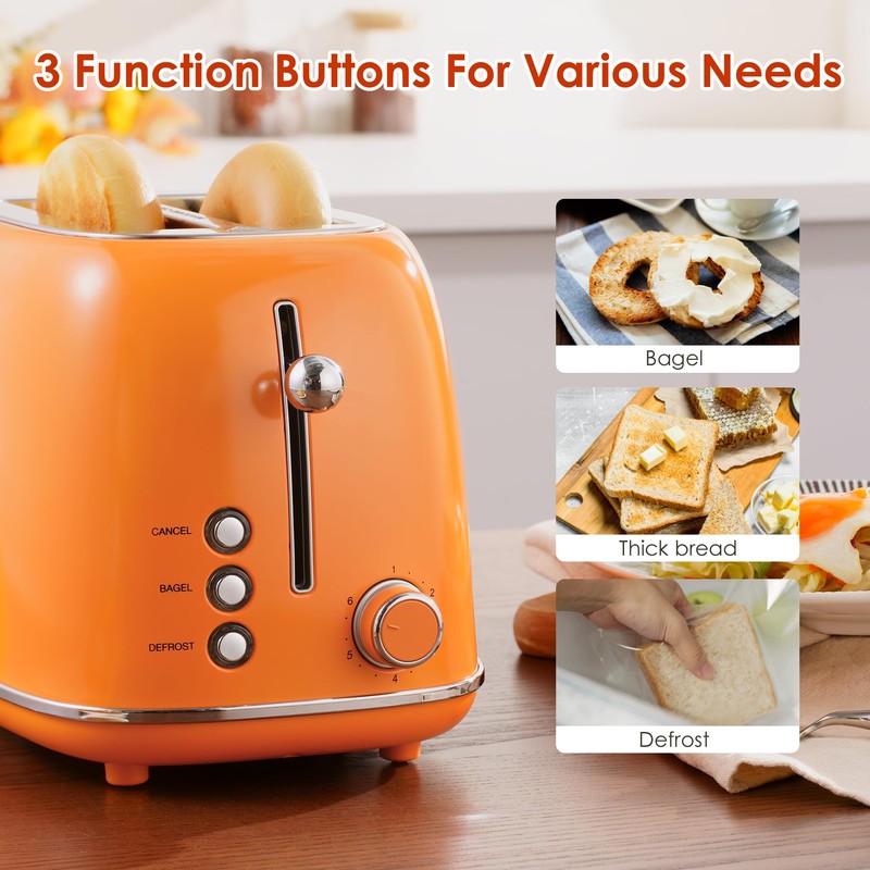 Roter Mond 2 Slice Toaster Retro Stainless Steel with Bagel,