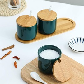 FülleMore Set of 2 Ceramic Sugar Bowls, Salt Jars, Spice Jars with Lid, Spoon and Tray, 260 ml Spice Box for Storing Sugar, Salt, Spices, Coffee, Tea (Green)
