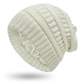 Women Knitted Beanie Hat Satin Lined Winter Warm Cap (White)