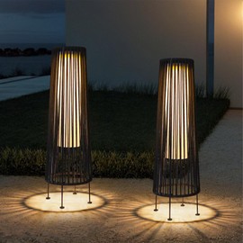 TRIROCKS Outdoor Floor Lamp 2 Piece Solar Powered Lantern Wicker Solar Patio Lamp with Olifen Rope Waterproof Rattan Outside Solar Deck Light for Patio Garden Lawn Yard (Black)