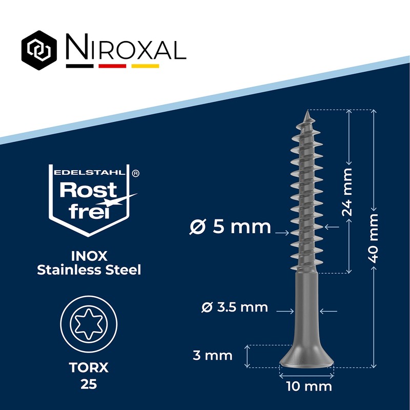 Torx Screws, Stainless Steel Screws 5x40, V2A Stainless Steel, Rustproof,