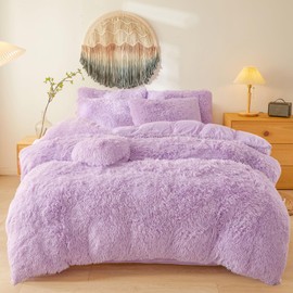 Fluffy Faux Fur Lavender Comforter Cover Twin Set – Plush Fluffy Lavender Bedding 2-Piece Set (1 Furry Duvet Cover + 1 Shaggy Pillow Sham) Cozy Bed Set