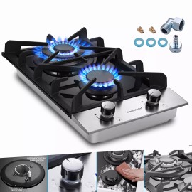 Eascookchef 2-Burners 12inch Gas Cooktop Eascookchef Tempered Glass NG/LPG Convertible New