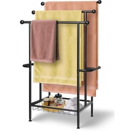 Haturi Free Standing Towel Rack for Bathroom, 3-Tier 39" H Black Metal Towel Drying Rack with Storage Basket, 24.4" L x 13" W x 39" H Rust-Resistant Outdoor Holder for Pool & Oversized Towels