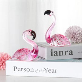 LONGWIN Handmade Art Glass Flamingo Figurines – 2 Pcs/Pair Hand Blown Glass Flamingo Animal Sculpture Collectible Figurines Home and Wedding Decor